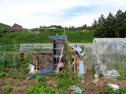 ０５．６．２７　１５０２　畑で物置小屋？を作成中！